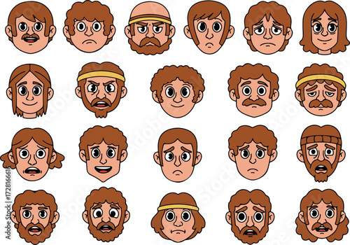 Collection of various cartoon faces with different expressions and emotions.