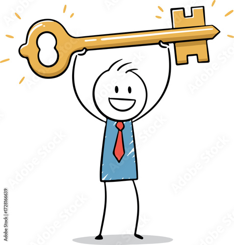 Happy person holding a large golden key above his head.