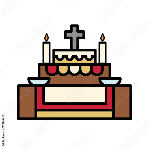 Flat vector illustration of a decorated religious altar with candles and cross. Commonly associated with Day of the Dead, remembrance, or church rituals. Perfect for cultural, spiritual