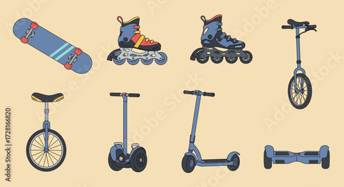 Assortment of eight wheeled personal transport devices on a pale background