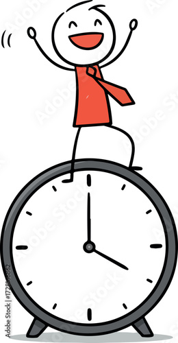 Happy person standing on a clock celebrating success and time management.