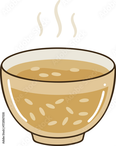 Bowl of steaming soup or porridge with rice, simple illustration.