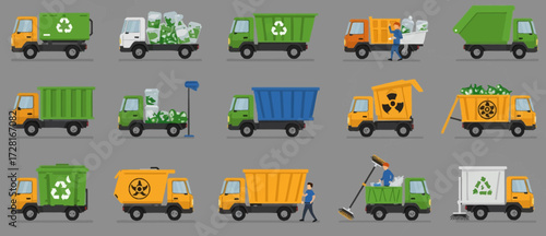 Collection of 15 flatdesign vector trucks for waste and recycling