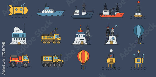 Collection of 15 flatstyle icons depicting arctic research transport and marine equipment