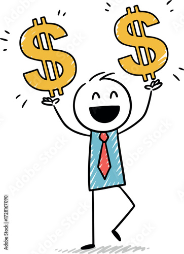 Happy person holding dollar signs celebrating financial success and wealth.