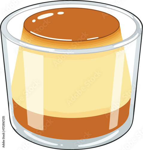 A delicious caramel custard pudding dessert served in a clear glass cup, featuring distinct layers of creamy yellow custard and rich brown caramel.