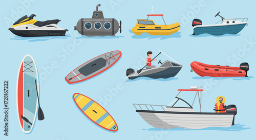 Collection of diverse watercraft including a submarine jet ski boats and paddleboards