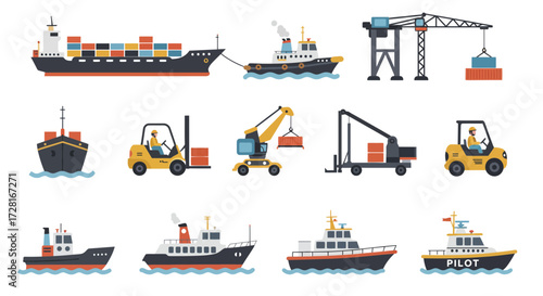 Collection of flat design illustrations of cargo ships harbor vehicles and cranes