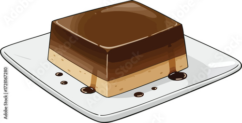 A square chocolate dessert with layers on a white plate with chocolate sauce.