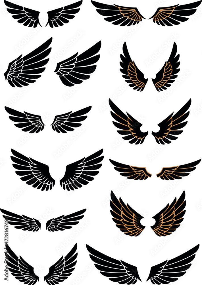 Obraz premium Collection of various stylized wing illustrations in black and gold colors.