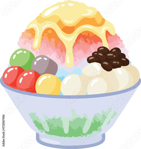 A colorful and delicious-looking bowl of shaved ice dessert topped with condensed milk, red bean paste, and various fruit-flavored mochi balls.