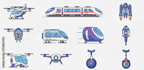 Collection of futuristic and modern transport icons drones trains jetpacks and unicycles