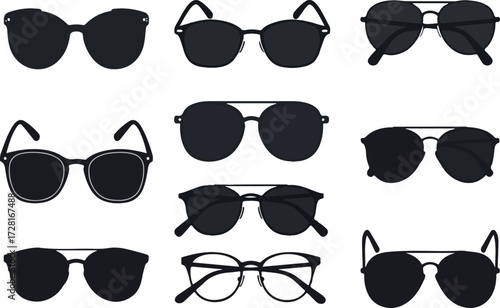 Collection of various stylish sunglasses in different shapes and designs for fashion.