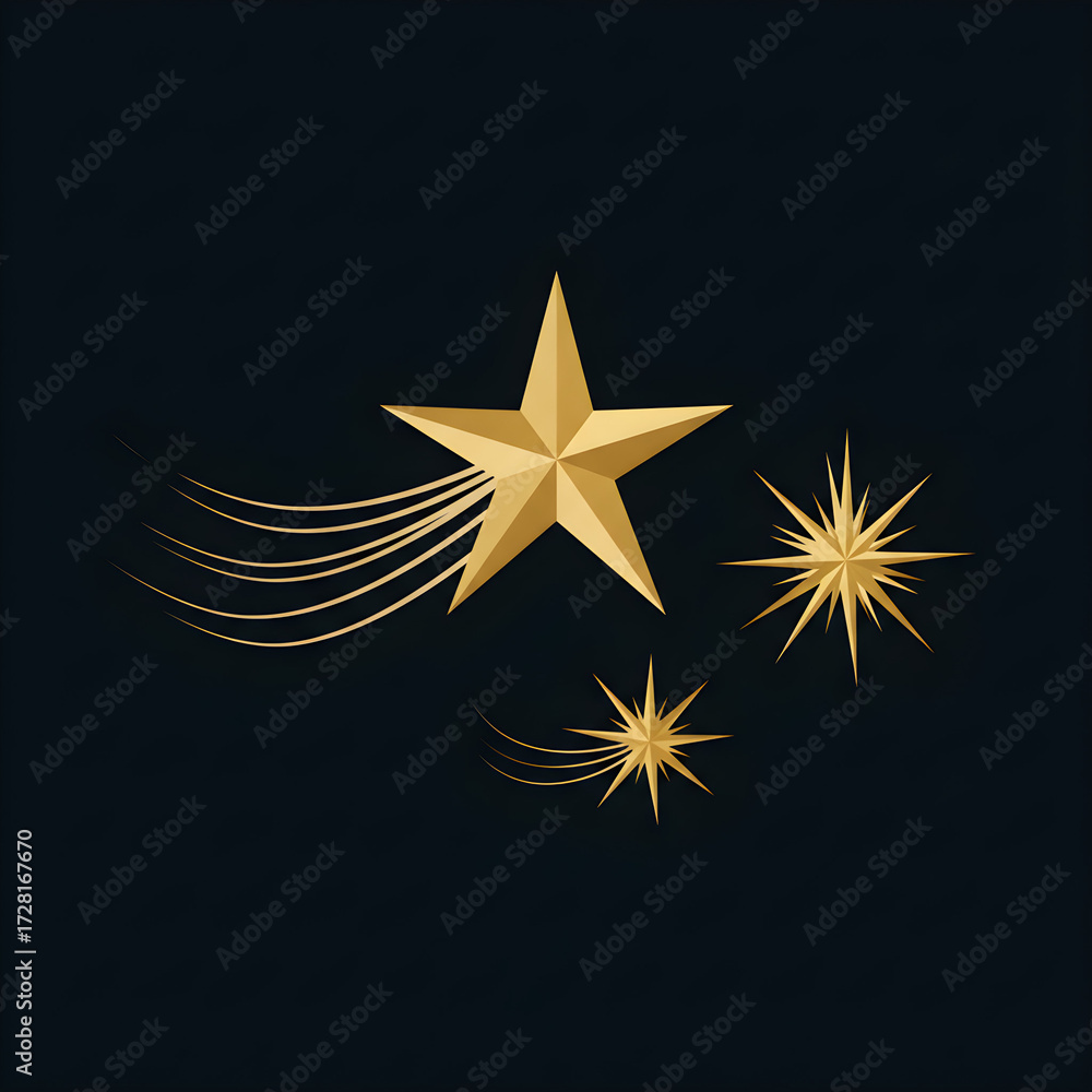 Obraz premium A trio of golden stars, one large and prominent, with two smaller ones trailing behind, set against a dark background.