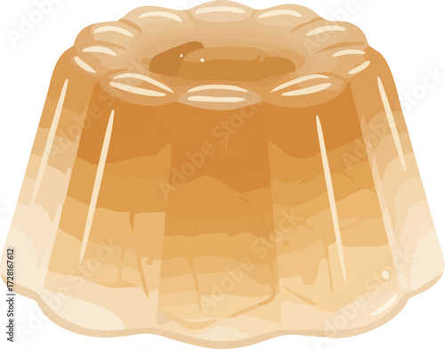 A translucent, amber-colored gelatin dessert molded into a fluted ring shape, presented against a white background.