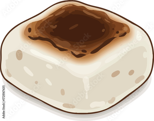 A close-up illustration of a single, square-shaped mochi or rice cake, lightly toasted with a golden-brown top, on a white background.