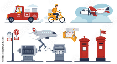 Collection of postal service illustrations including vehicles sorting machinery mailboxes and airplanes