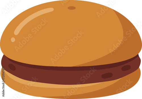 A close-up illustration of a delicious hamburger with a brown bun and patty.