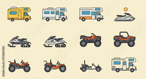 Collection of twelve stylized recreational vehicles and campers in three rows