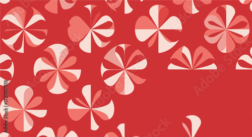 Colorful abstract floral pattern design with red background and multiple shapes.