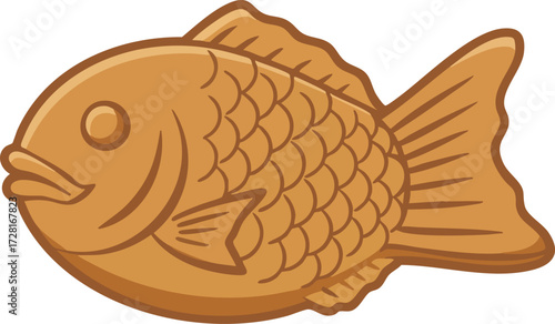 A cartoon illustration of a golden-brown Japanese taiyaki pastry, shaped like a fish with scales and fins, smiling.