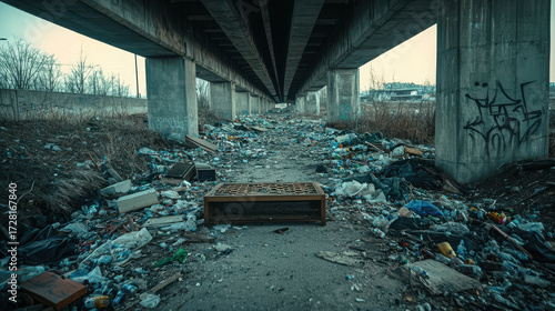 Urban decay and environmental neglect under a highway bridge with scattered debris, trash and graffiti making a stark commentary on pollution and waste