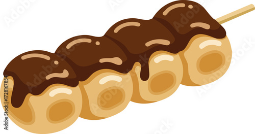 Illustration of a Japanese dango dessert, consisting of mochi balls with chocolate sauce on a skewer.