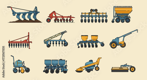 Collection of twelve illustrated agricultural implements on a beige background