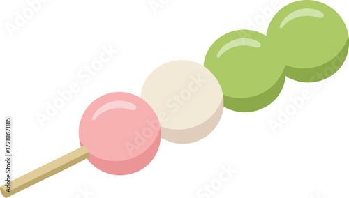 Colorful dango skewer with pink, white, and green mochi balls.