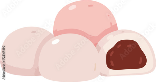 Three pink and red round buns, one sliced open to reveal a dark filling.