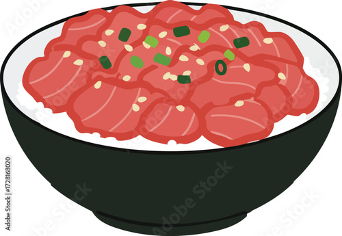 A close-up illustration of a bowl of tuna sashimi over white rice, garnished with sesame seeds and green onions.