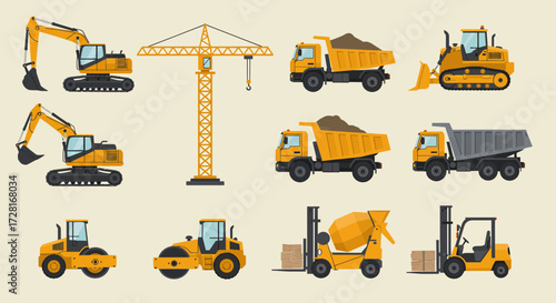 Collection of various yellow construction vehicles and equipment illustrated