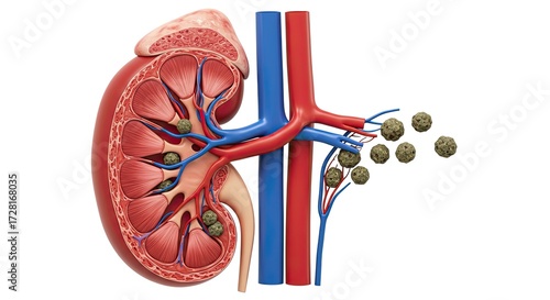 Detailed anatomical illustration of a kidney section with kidney stones showing organ health