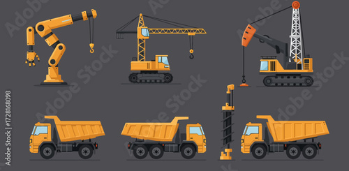 Collection of yellow construction vehicles and machinery on a gray background