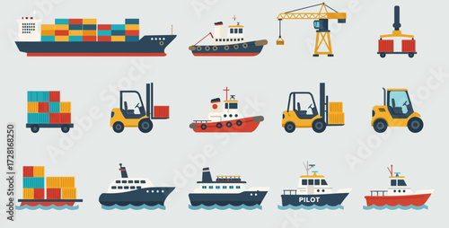 Flat design icons of maritime transport cargo handling equipment and vehicles