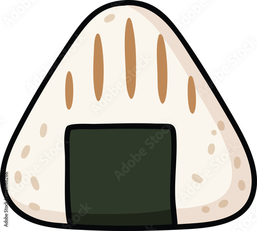 Cartoon onigiri with nori and filling, a Japanese rice ball snack.