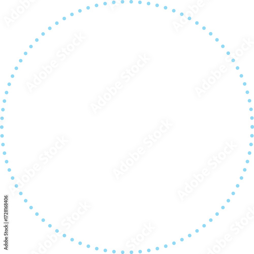 This is a minimalist graphic image featuring a large circle composed entirely of small, sky blue dots. These dots are evenly spaced and form a perfect circular outline against a plain.