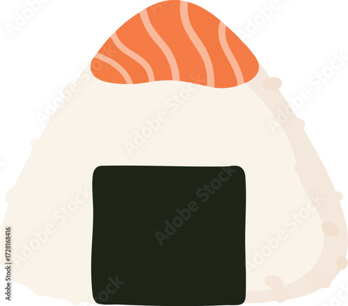 A triangular onigiri rice ball with a slice of salmon on top and a strip of nori seaweed at the bottom.