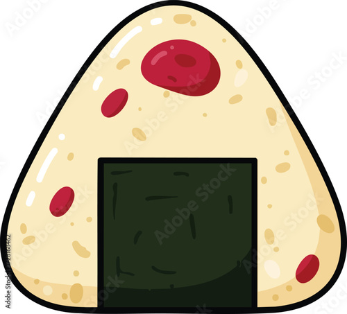 A close-up illustration of a triangular onigiri rice ball with a seaweed wrap and red filling.