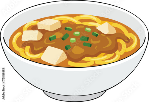 A white bowl of Japanese curry udon noodles with tofu and green onions, presented as a cartoon illustration.