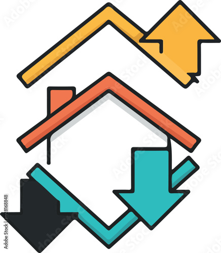 House with arrows representing real estate market trends and changes.