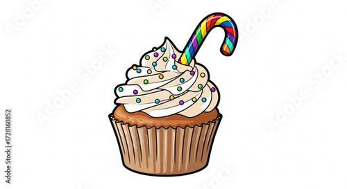 A delightful cupcake with a rainbow candy cane and sprinkles, , perfect for a sweet treat or a festive celebration