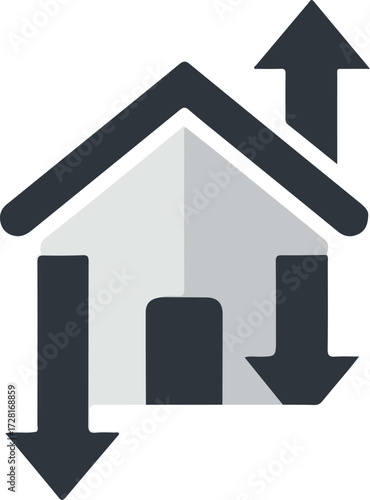 House with arrows representing upward and downward trends in real estate.