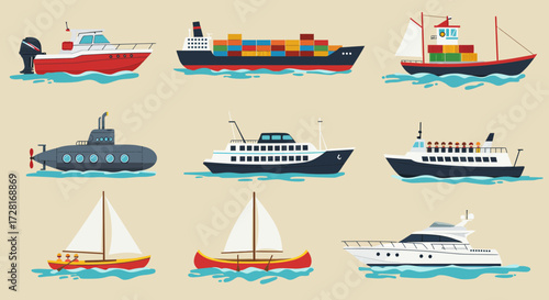 Nine cartoon watercraft illustrations arranged in a threebythree grid on a plain background