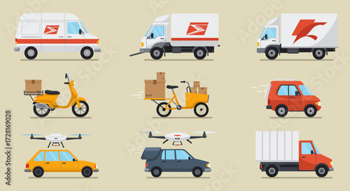 Nine modern delivery vehicles including vans trucks scooter cargo bike car and drone