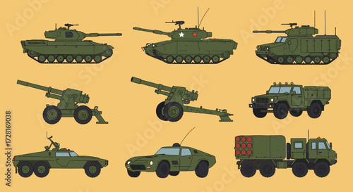 Nine green military vehicles and artillery pieces on a yellow background