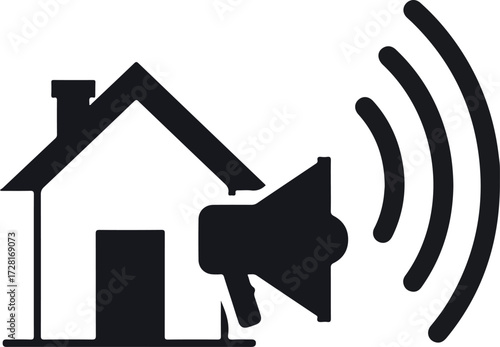 House with megaphone broadcasting sound waves representing noise pollution.