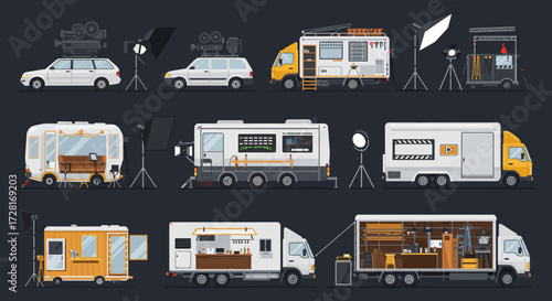 Set of stylized film production vehicles and lighting equipment on a dark background