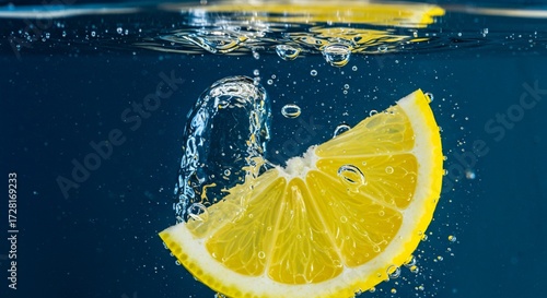 Vibrant Sliced Yellow Lemon Sinking into Deep Blue Water with Dynamic Air Bubbles and Splash Effect