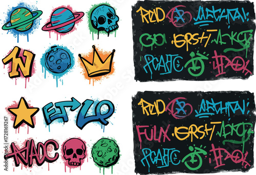 Colorful graffiti art with planets stars crowns and skull designs.